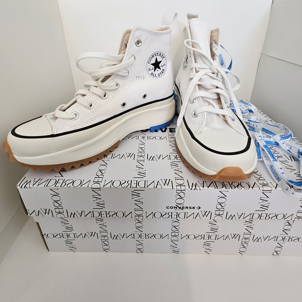Limited Edition JW ANDERSON White High-Tops with Blue and Brown Soles